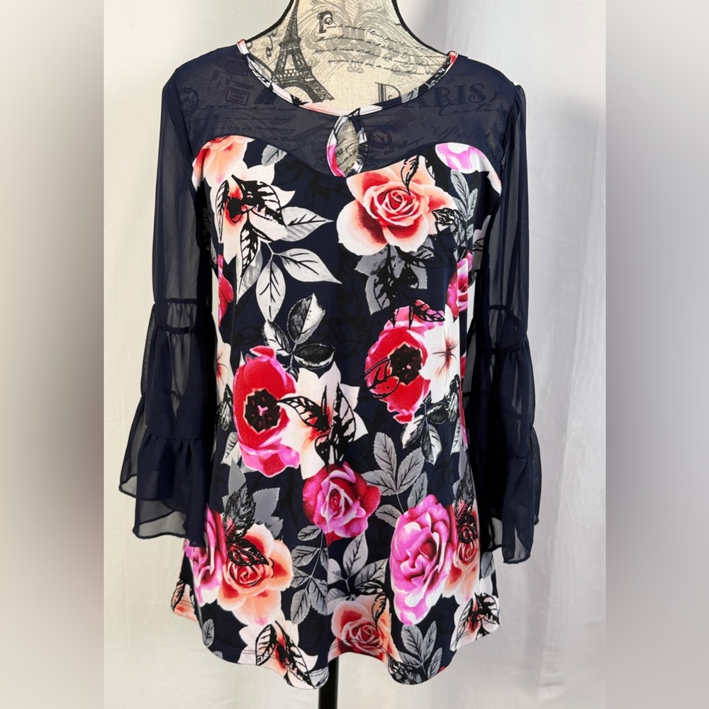 Adele & May Floral Navy & Pink Elegant Blouse with Sheer Bell Sleeves Size M